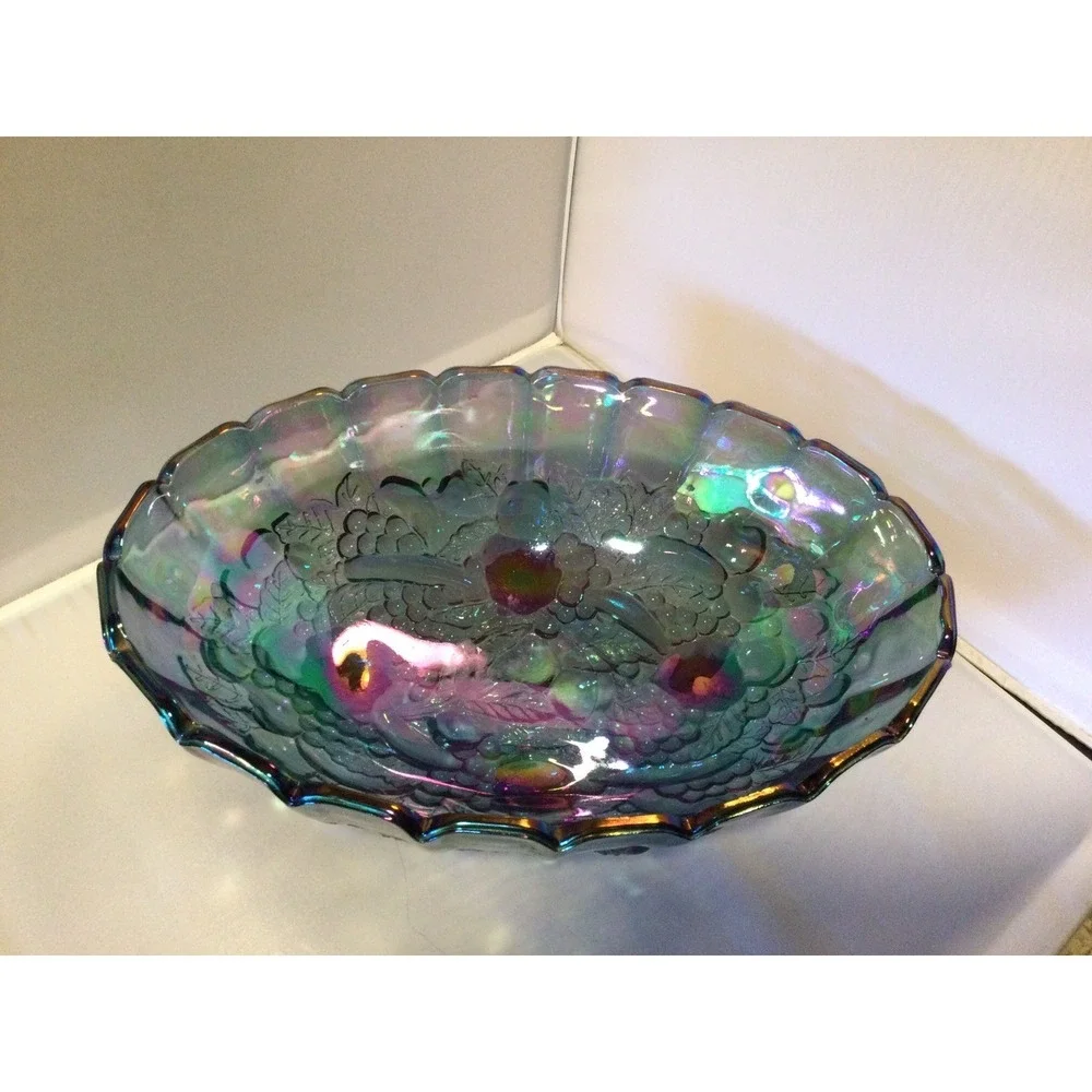 Vintage Indiana Carnival Glass Iridescent Blue Large Oval Footed Bowl